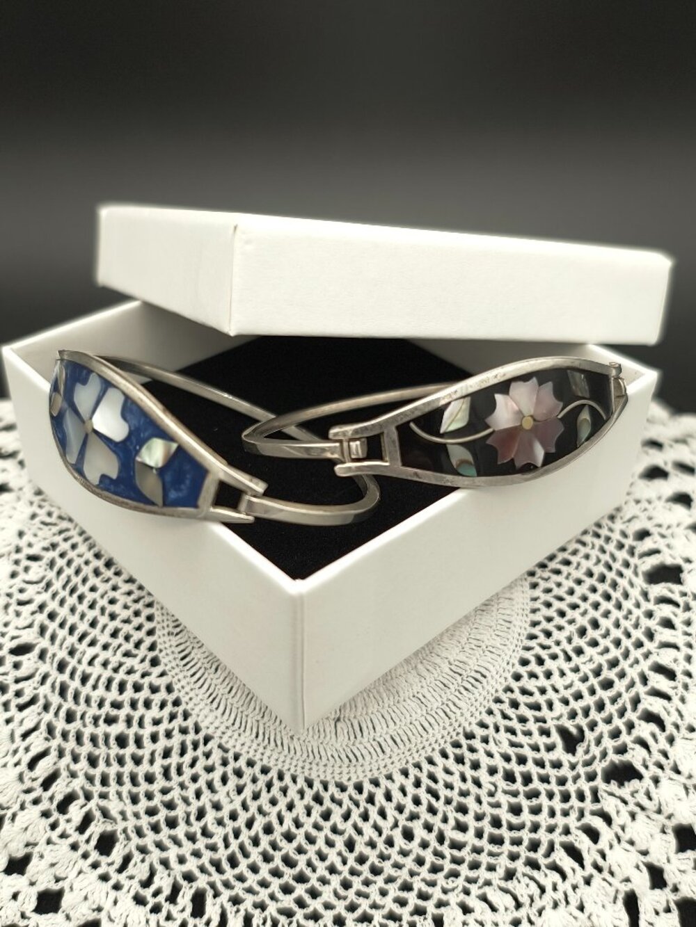 Vintage Alpaca Mexico Floral Abalone Shell Inlay Hinged Lot of 2 Bangle Bracelet - Picture 11 of 11